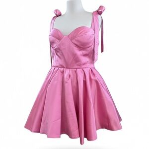 Miss Veil Pink Satin Mini Dress Bow Straps Size 12/14